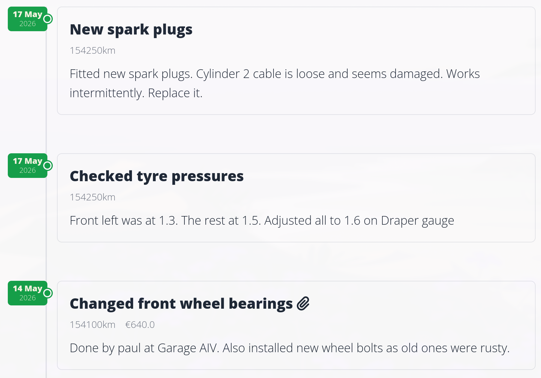 Screenshot of car history